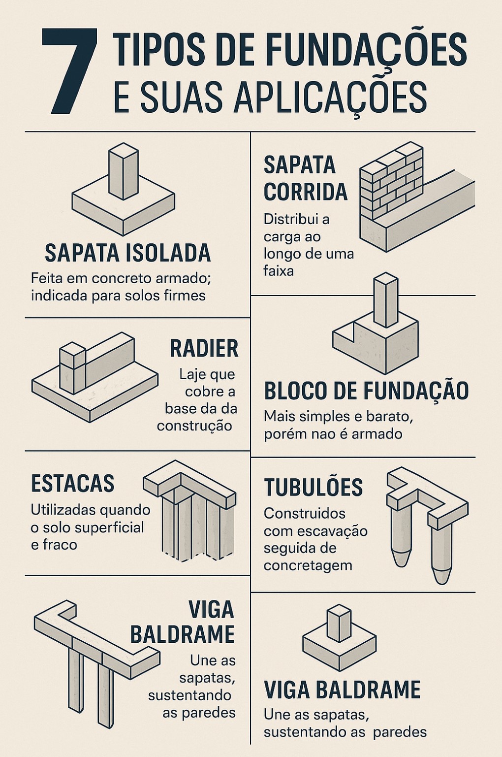 Ilustração mostrando 7 tipos de fundações: sapata isolada, sapata corrida, radier, bloco de fundação, estacas, tubulões e viga baldrame, cada uma com desenho esquemático e descrição resumida da aplicação.
