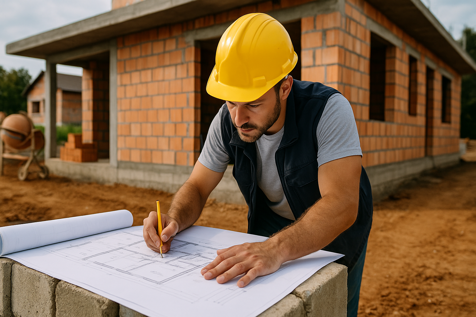 Homem usando capacete amarelo analisa planta de construção em obra de alvenaria, simbolizando o início de uma obra do zero.
