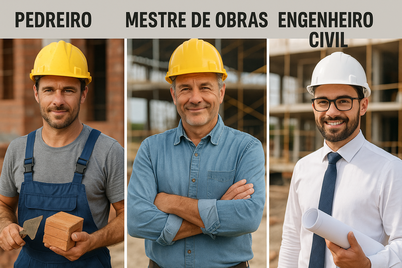 Três profissionais da construção civil lado a lado: pedreiro, mestre de obras e engenheiro civil, mostrando as diferenças entre suas funções.