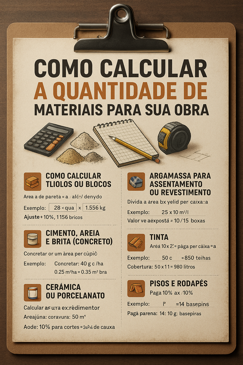 Prancheta com tabela explicativa sobre como calcular a quantidade de materiais para obra, incluindo dicas de cálculo de blocos, cimento, areia, concreto, revestimentos e tintas.