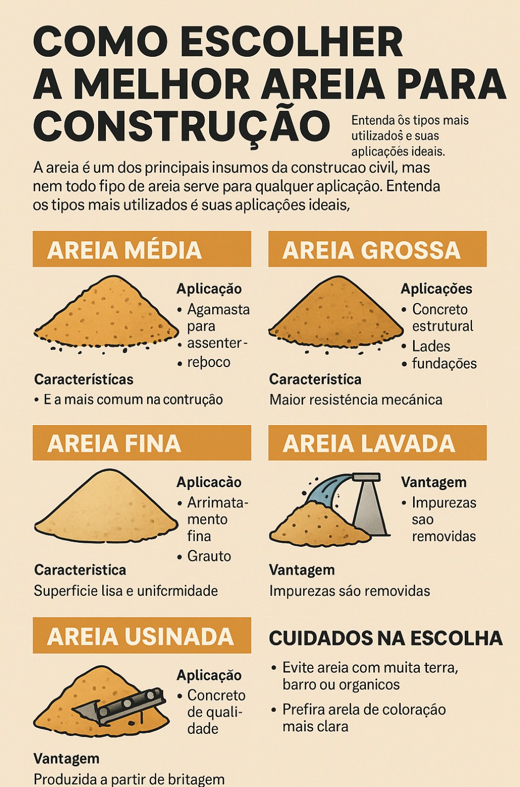 Tipos de areia para construção civil: média, grossa, fina, lavada e usinada, com aplicações e características