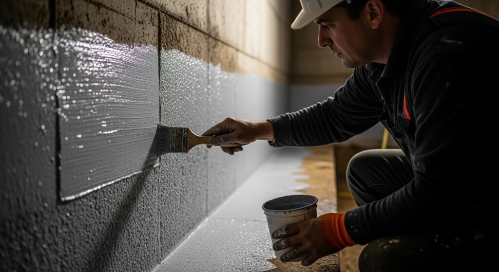 Trabalhador aplicando impermeabilizante cristalizante em parede de concreto de subsolo