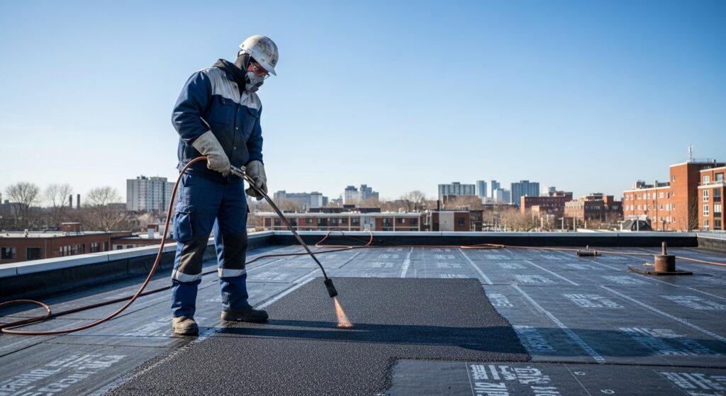 Trabalhador aplicando manta asfáltica com maçarico em laje de concreto durante impermeabilização