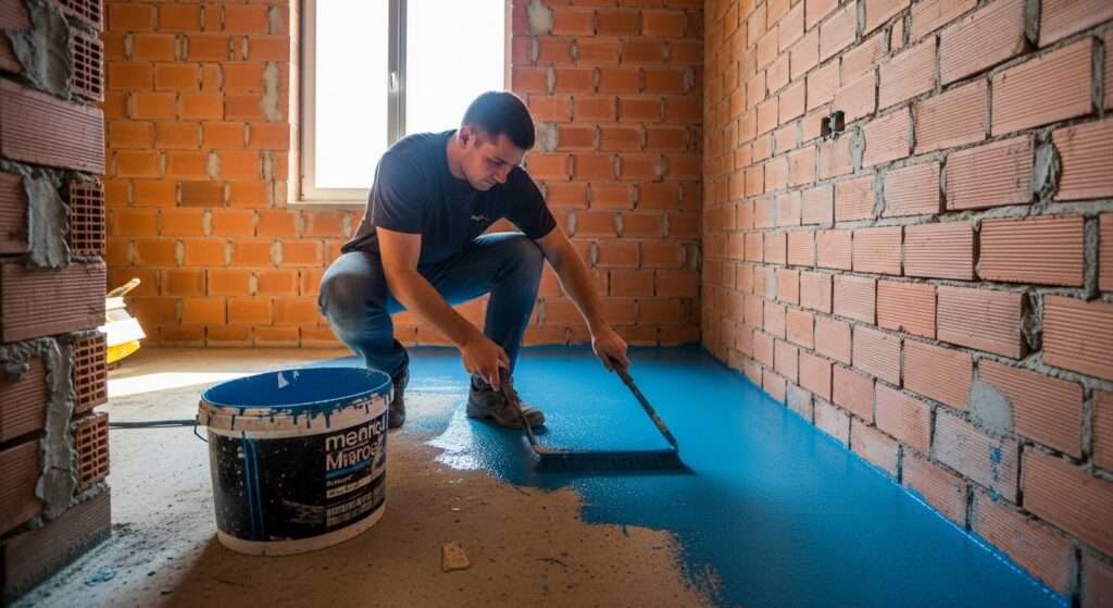 Operário aplicando manta líquida com broxa no piso de um banheiro em construção