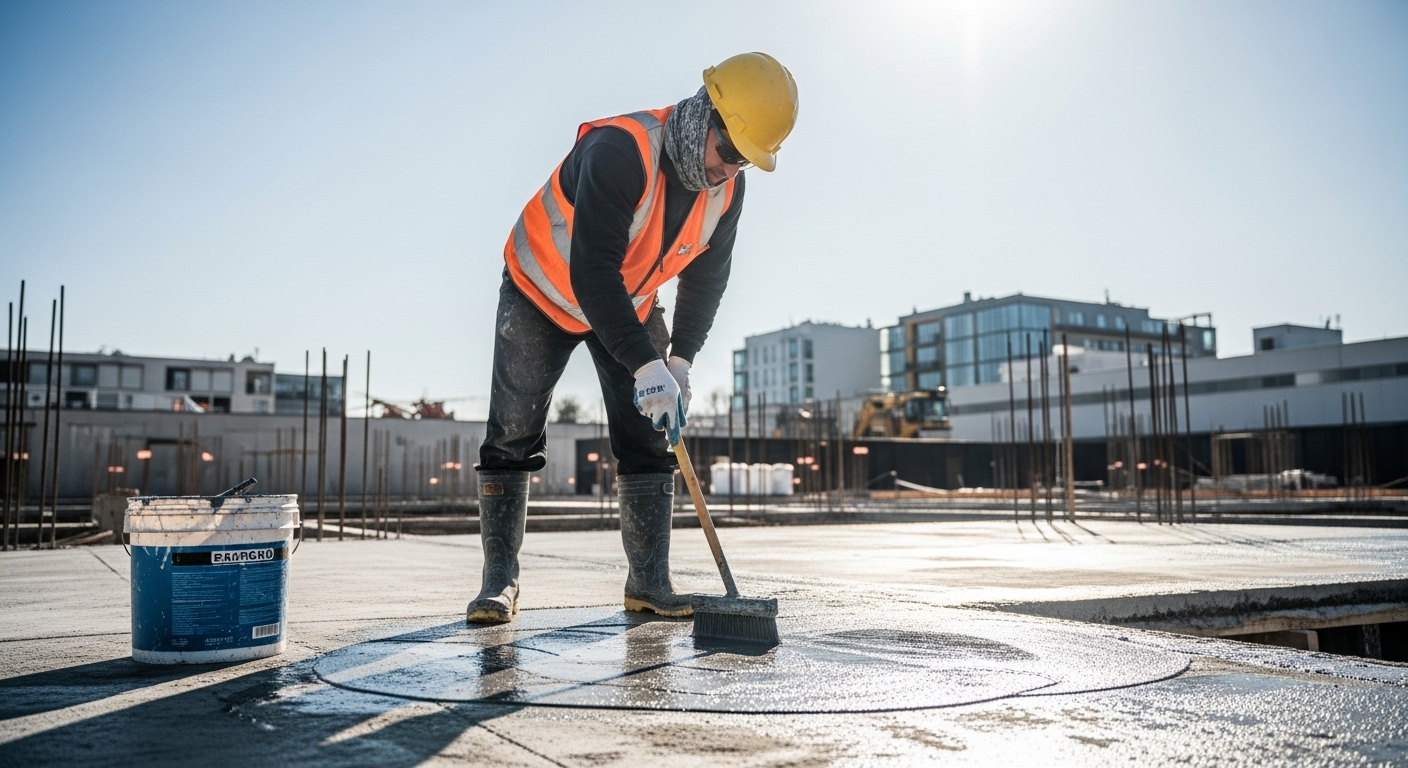 Trabalhador aplicando impermeabilizante líquido em laje de concreto com broxa, seguindo normas de impermeabilização na construção civil