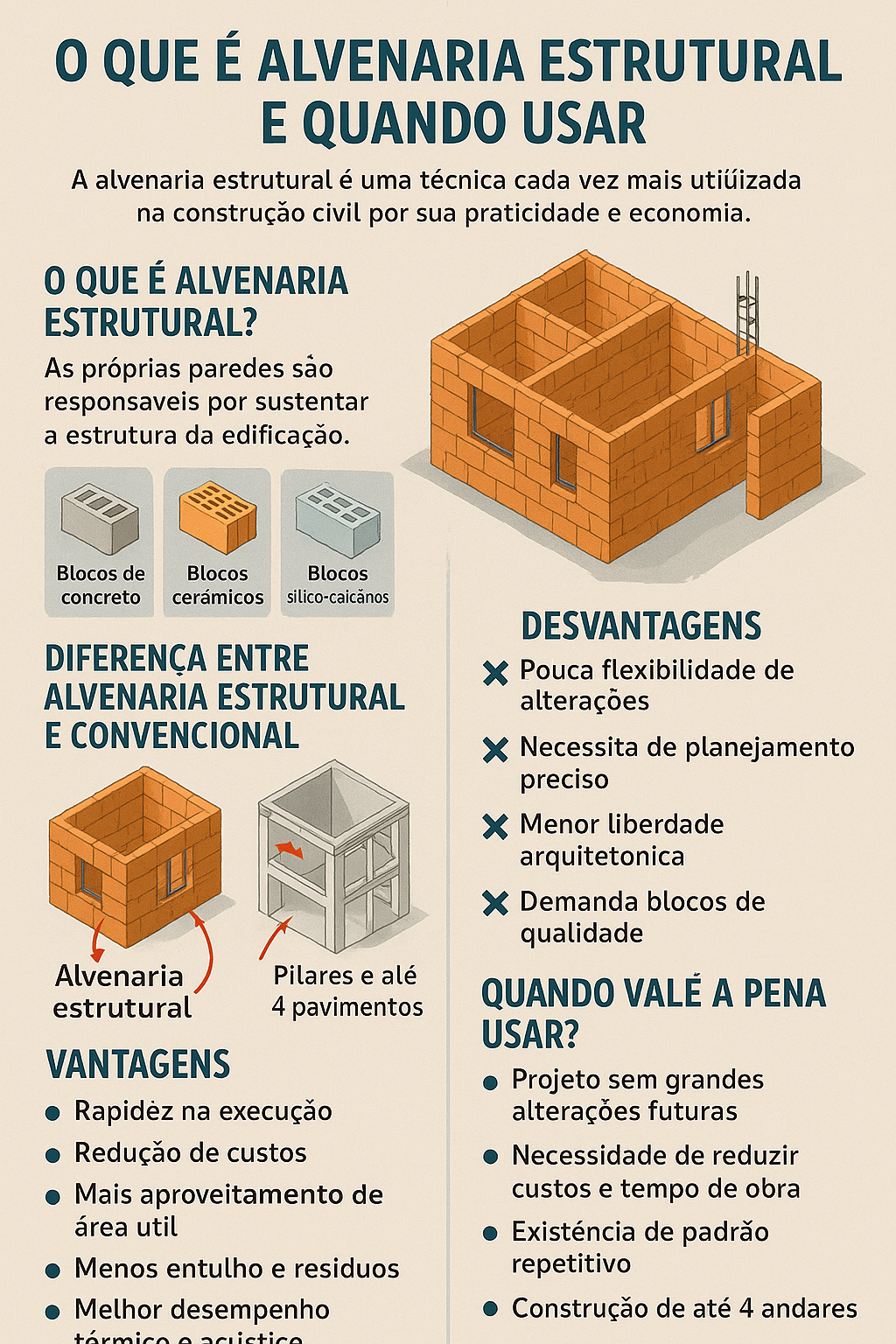 Infográfico explicando o que é alvenaria estrutural, suas vantagens, desvantagens e quando usar na construção civil.