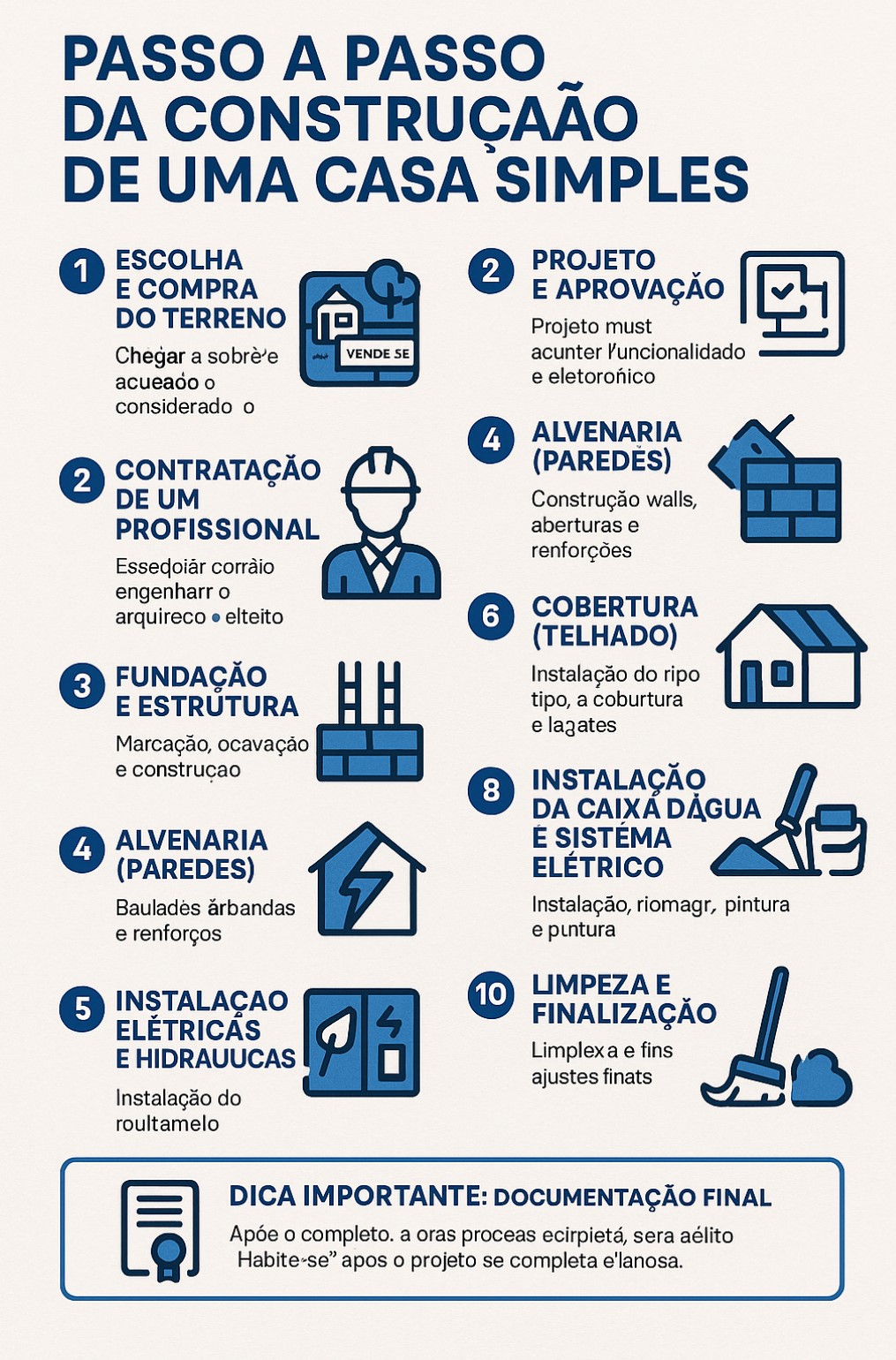 Infográfico com o passo a passo da construção de uma casa simples, desde o terreno até a finalização da obra