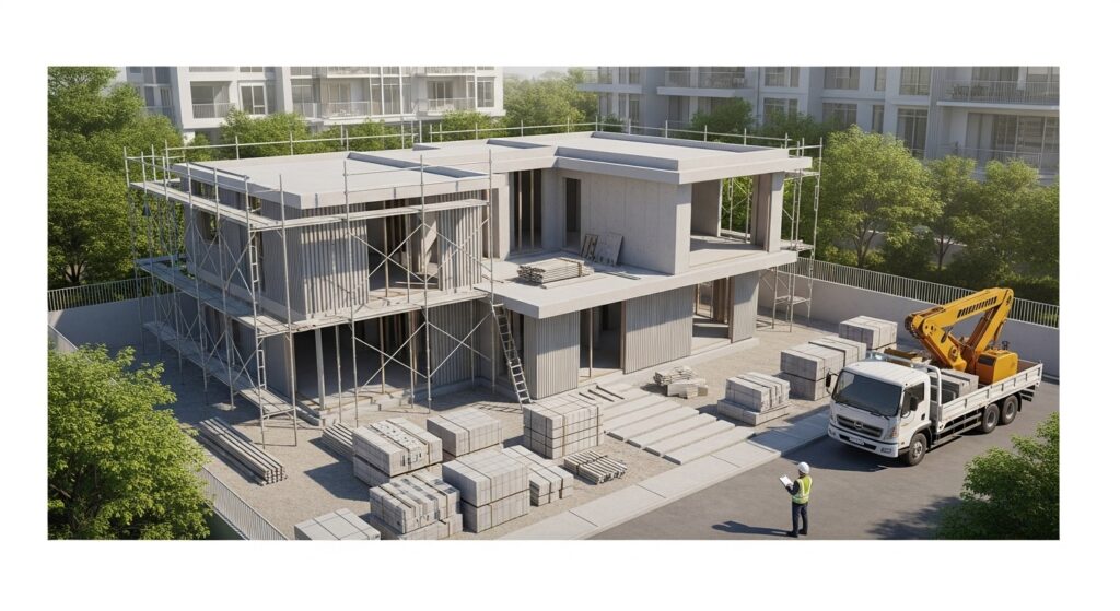 Obra de alto padrão em fase inicial com andaimes, blocos de concreto empilhados, caminhão com guindaste e engenheiro com prancheta.