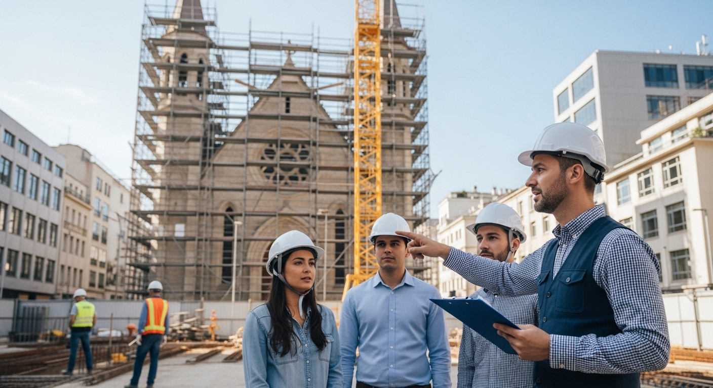Engenheiro orientando equipe durante obra em igreja com andaimes e operários usando EPI