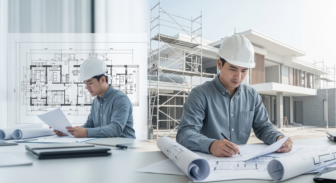 Engenheiro analisando planta baixa em obra de alto padrão em fase inicial, com andaimes e estrutura visível ao fundo.