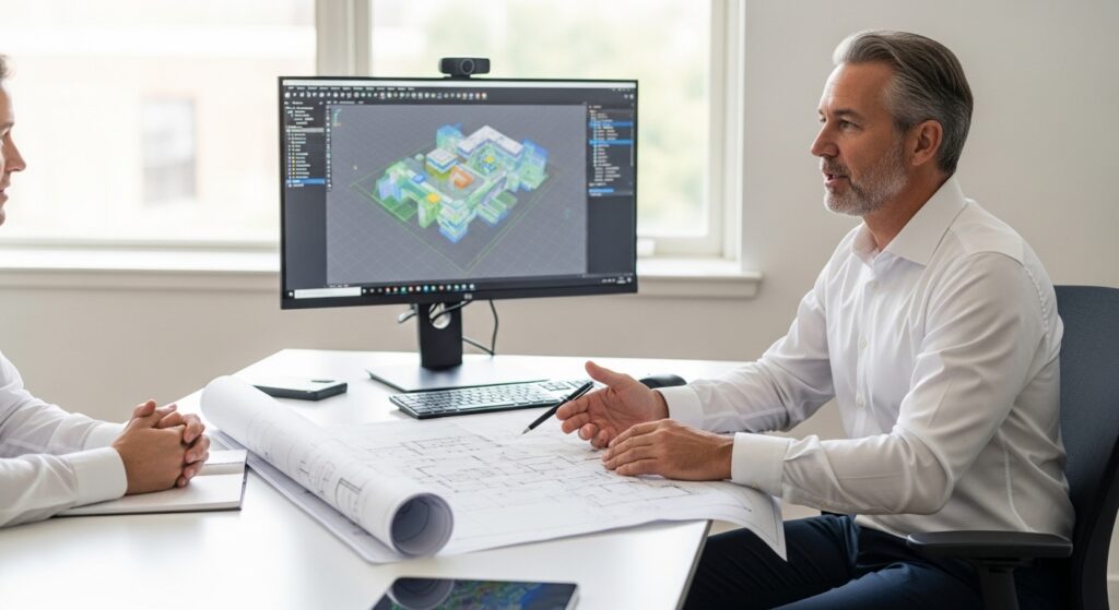 Engenheiro tirando dúvidas sobre projeto com BIM