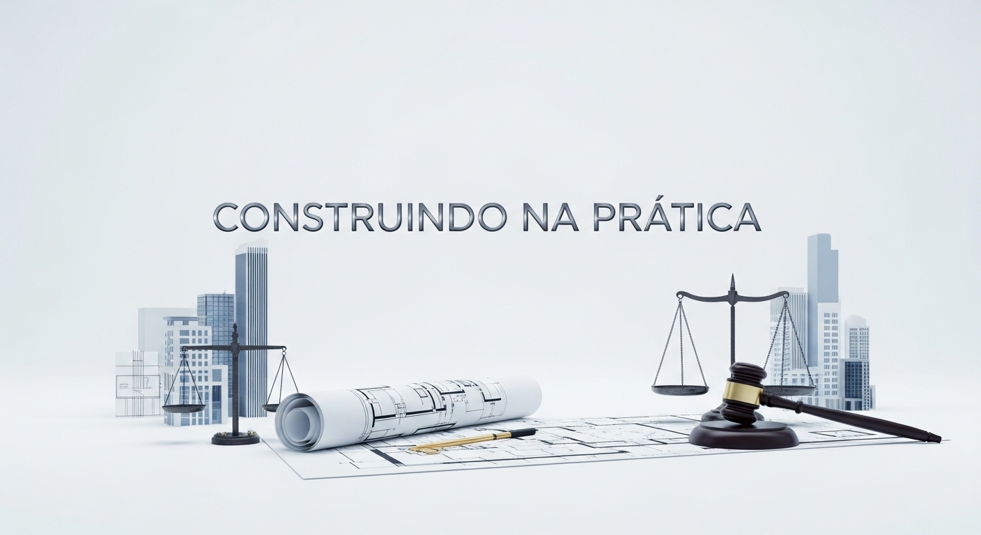 Capa do blog Construindo na Prática com elementos de engenharia civil e perícia judicial, incluindo estruturas, plantas e símbolo da justiça, em design minimalista e profissional.