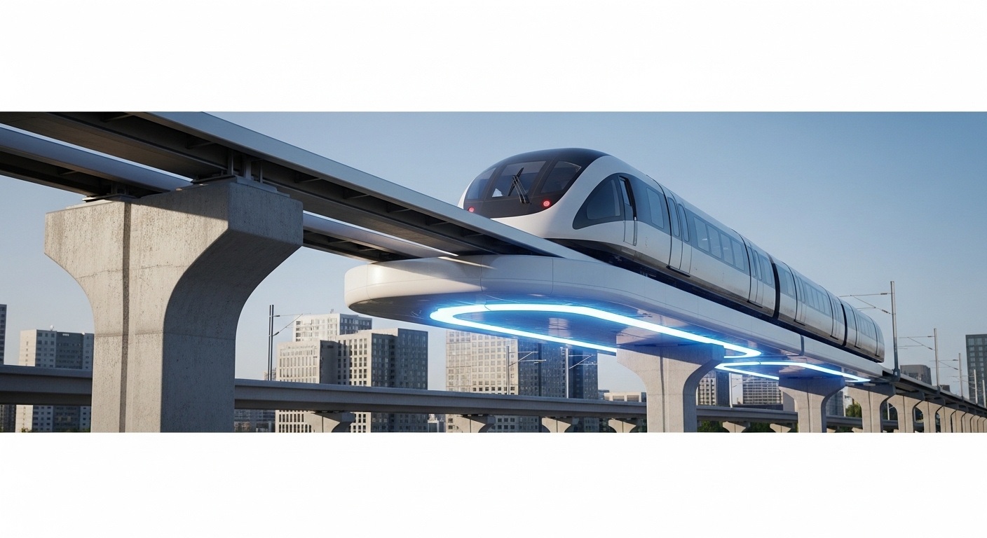 Trem Maglev moderno sobre pista elevada de concreto, exemplo de tecnologia aplicada à infraestrutura e projeto estrutural.