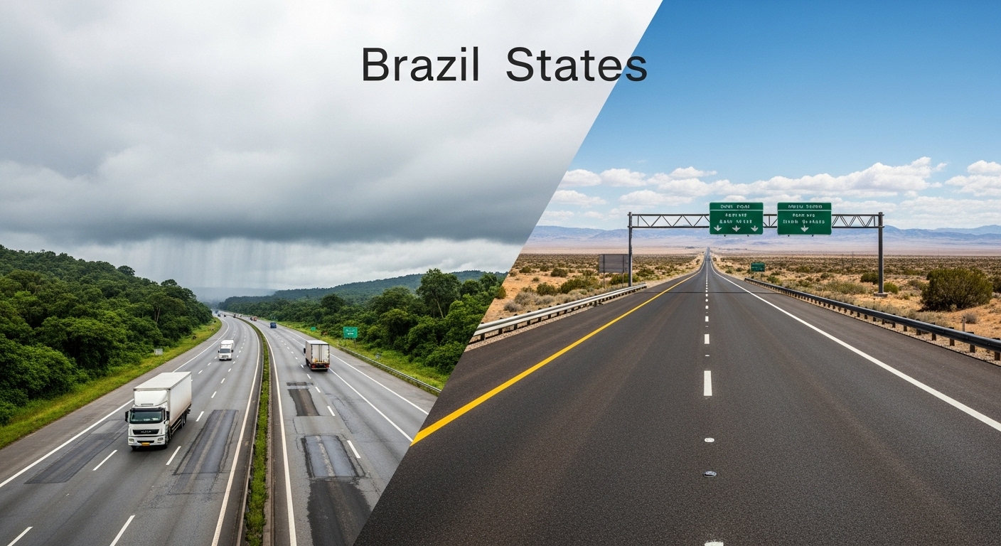 Illustration comparing a Brazilian highway in a tropical setting with an American interstate in a desert landscape, showing differences in design, pavement, and quality.