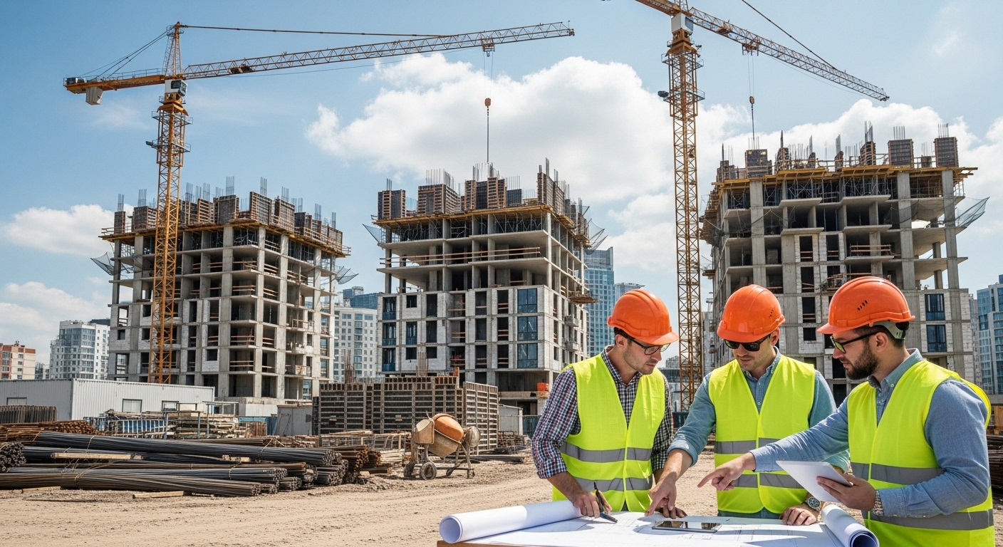 Engenheiros civis em um canteiro de obras moderno, usando capacetes e coletes refletivos, revisando plantas enquanto guindastes e estruturas de concreto aparecem ao fundo.