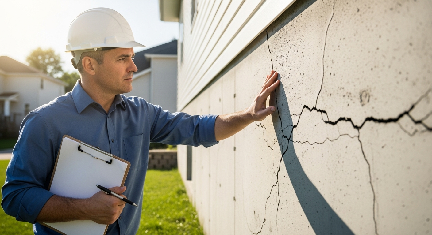Engenheiro civil analisando trinca em parede de concreto residencial.