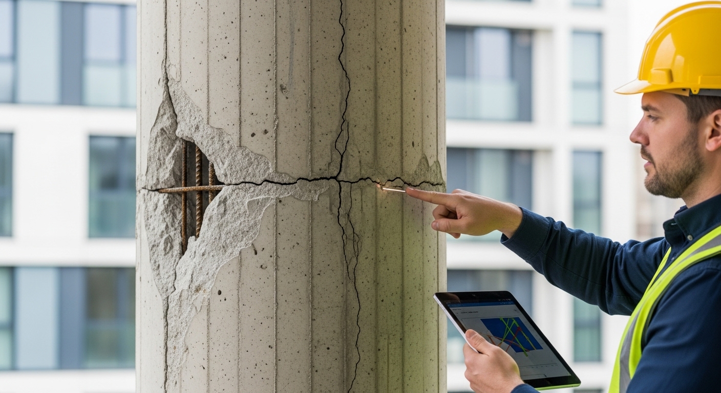 Fissuras e patologias em pilares de concreto em edifício residencial analisadas por engenheiro estrutural da Nexus Engenharia